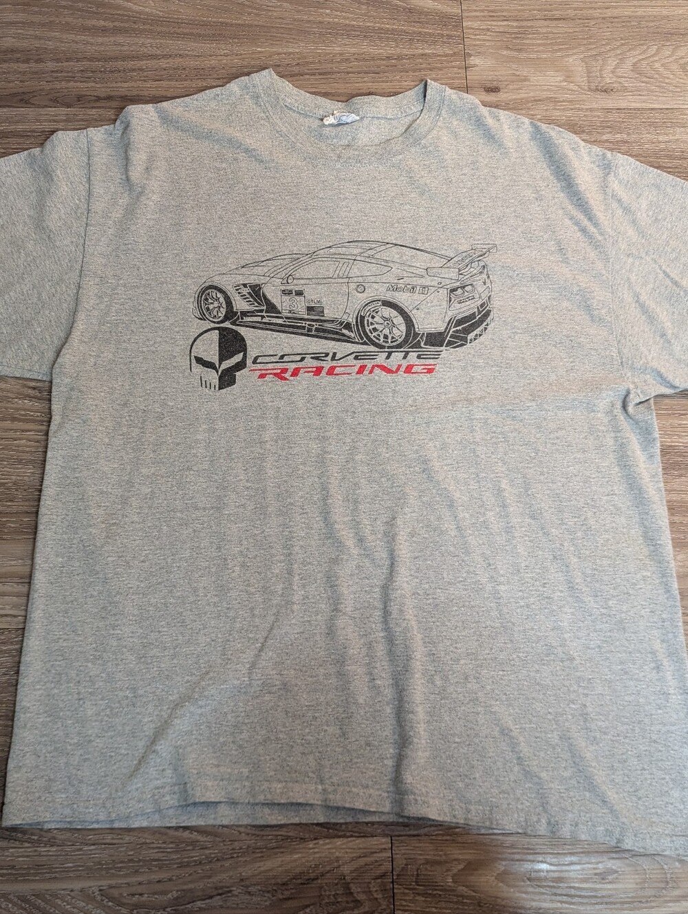 Vintage Grey Corvette Racing Graphic Tee with Black & Red Print Y2K XL
